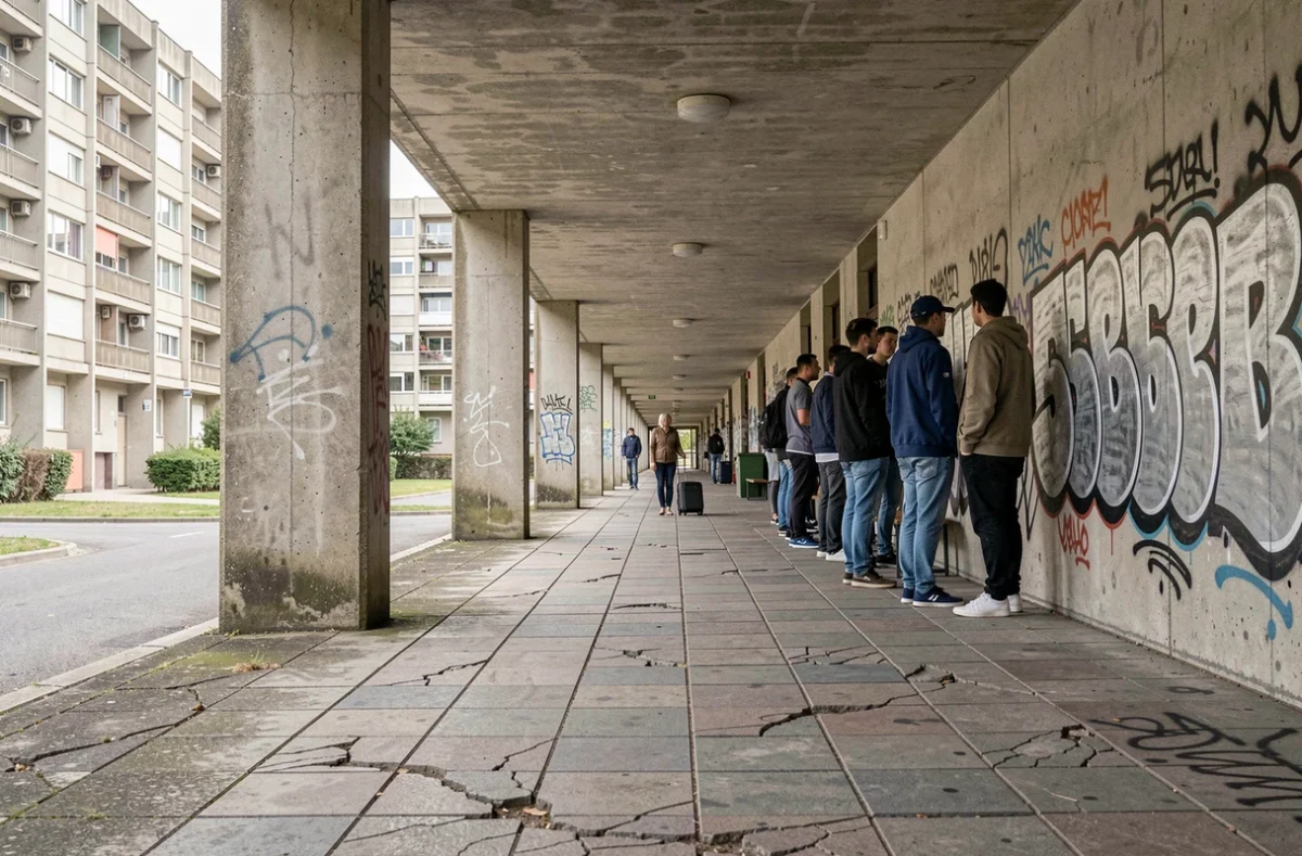 Passage couvert sous une barre d'immeuble au Mirail avec r&eacute;sidents locaux et touriste en transit