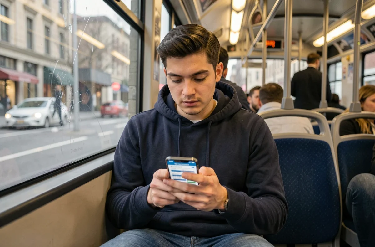 Jeune homme &agrave; bord du bus 91 consultant les horaires en temps r&eacute;el sur son t&eacute;l&eacute;phone portable