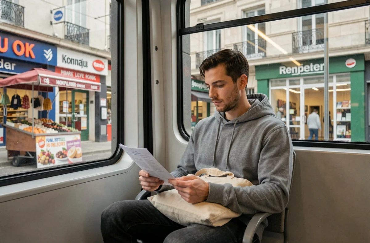 Passager dans le tramway de Montpellier avec vue sur les commerces accessibles par les transports en commun