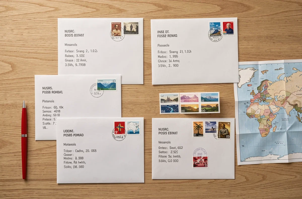 Vue de dessus d'enveloppes internationales avec timbres correctement positionn&eacute;s dans le coin sup&eacute;rieur droit sur un bureau en bois