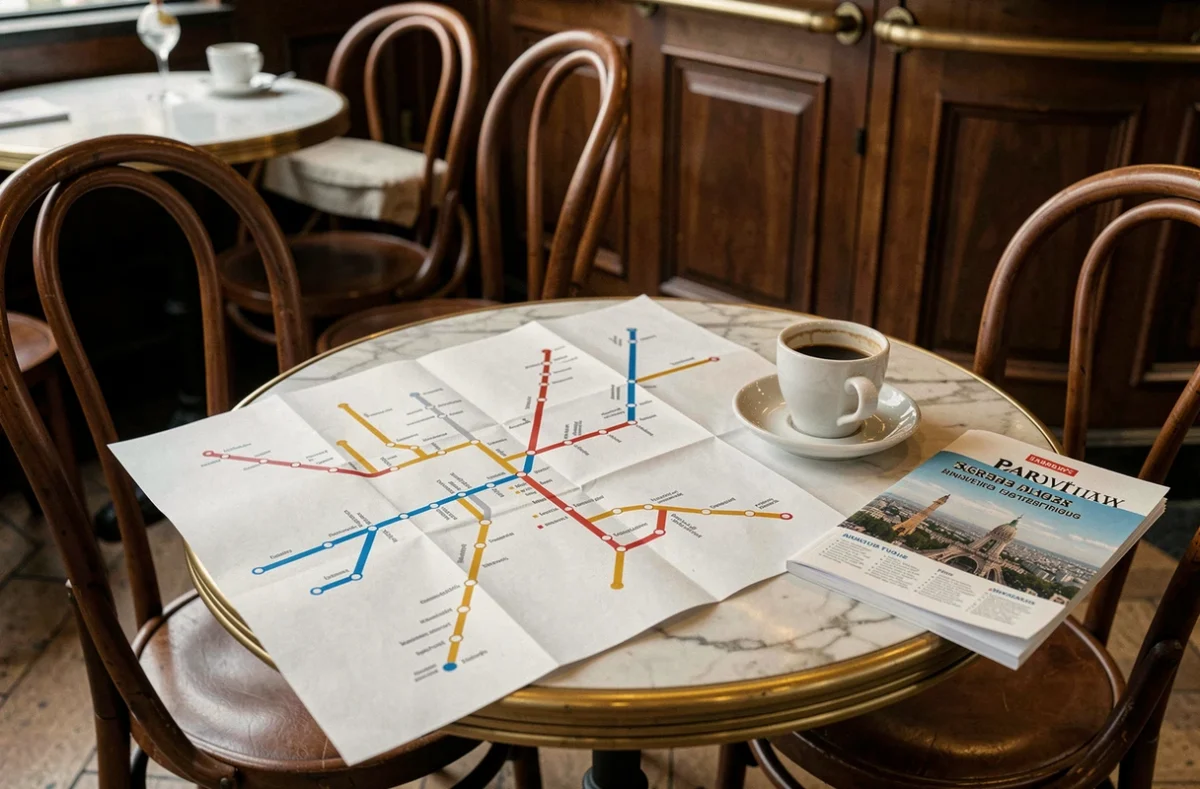 Plan simplifié du métro de Paris posé sur une table de café parisien avec une tasse d'espresso