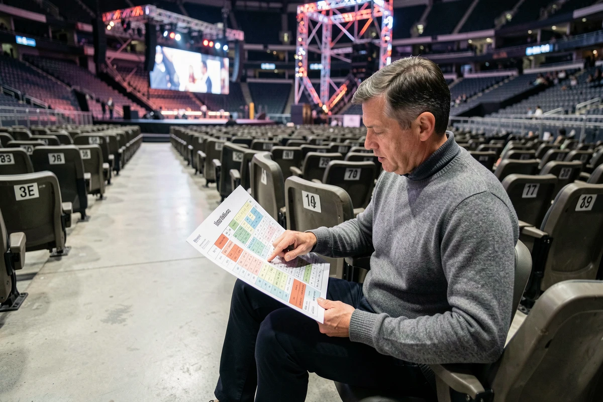 Homme consultant le plan de salle de Bercy pour rep&eacute;rer sa rang&eacute;e et son si&egrave;ge avant un concert