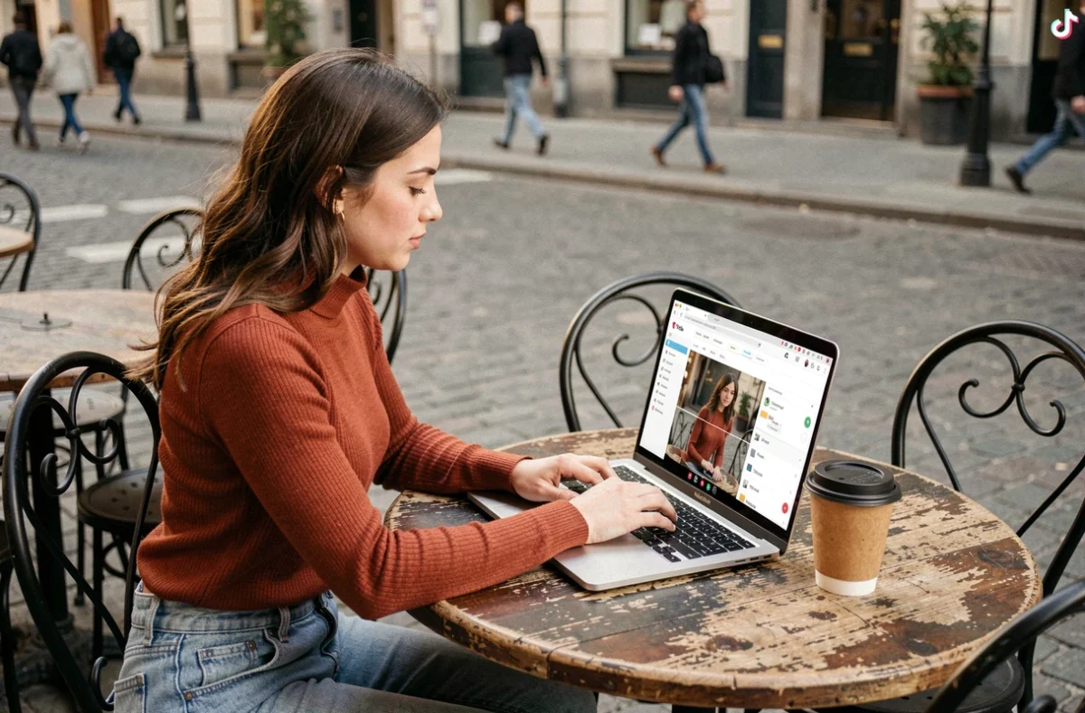 Jeune femme planifiant ses publications TikTok du vendredi depuis la terrasse d'un café avec un ordinateur portable