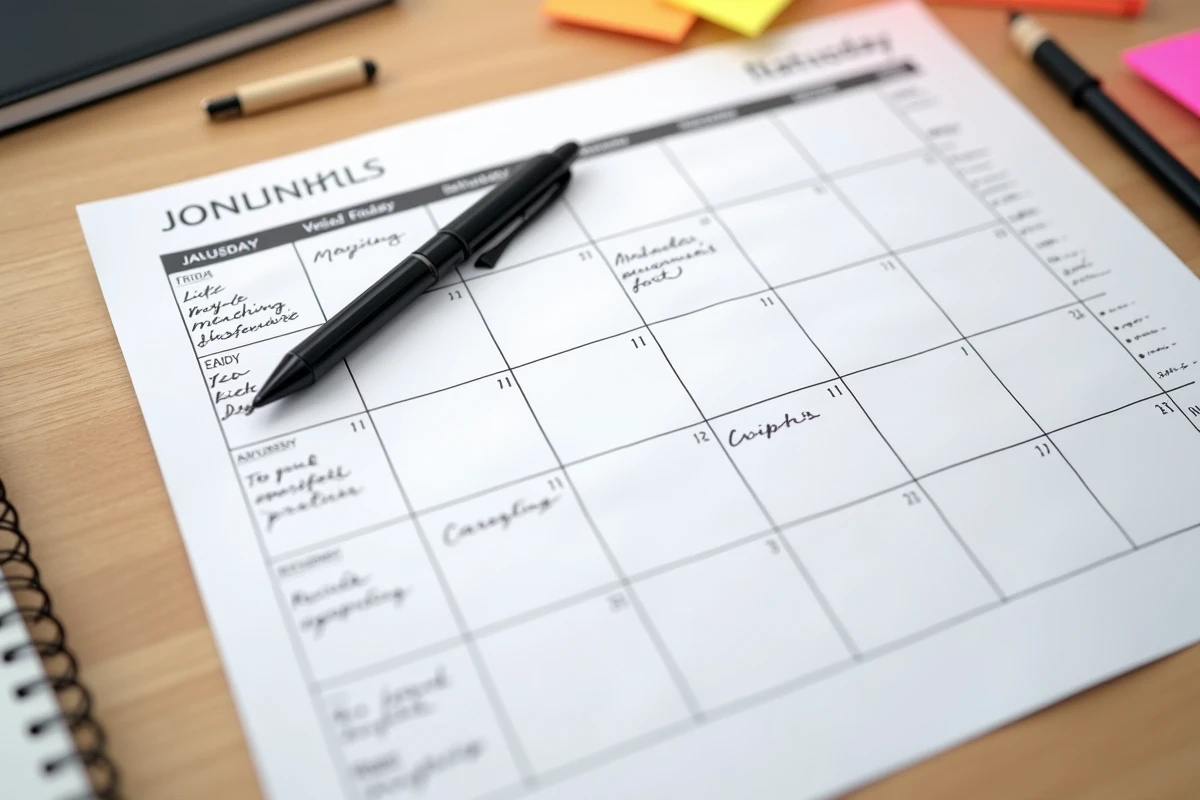Vue de dessus d'un planning mensuel imprimé avec des notes manuscrites, un stylo et des post-it colorés sur un bureau en chêne
