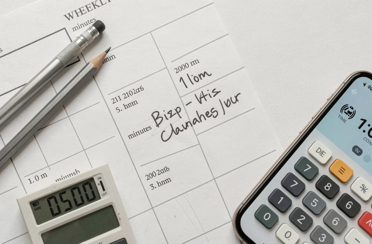 Vue a&eacute;rienne d'un planning de travail avec conversion de minutes en heures d&eacute;cimales et calculatrice