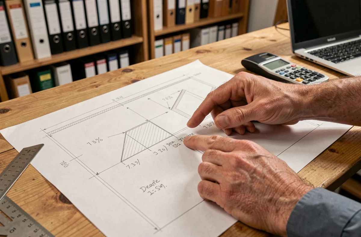 Plans architecturaux d'une rampe PMR annotés avec des valeurs de pente en pourcentage et en degrés sur une table à dessin