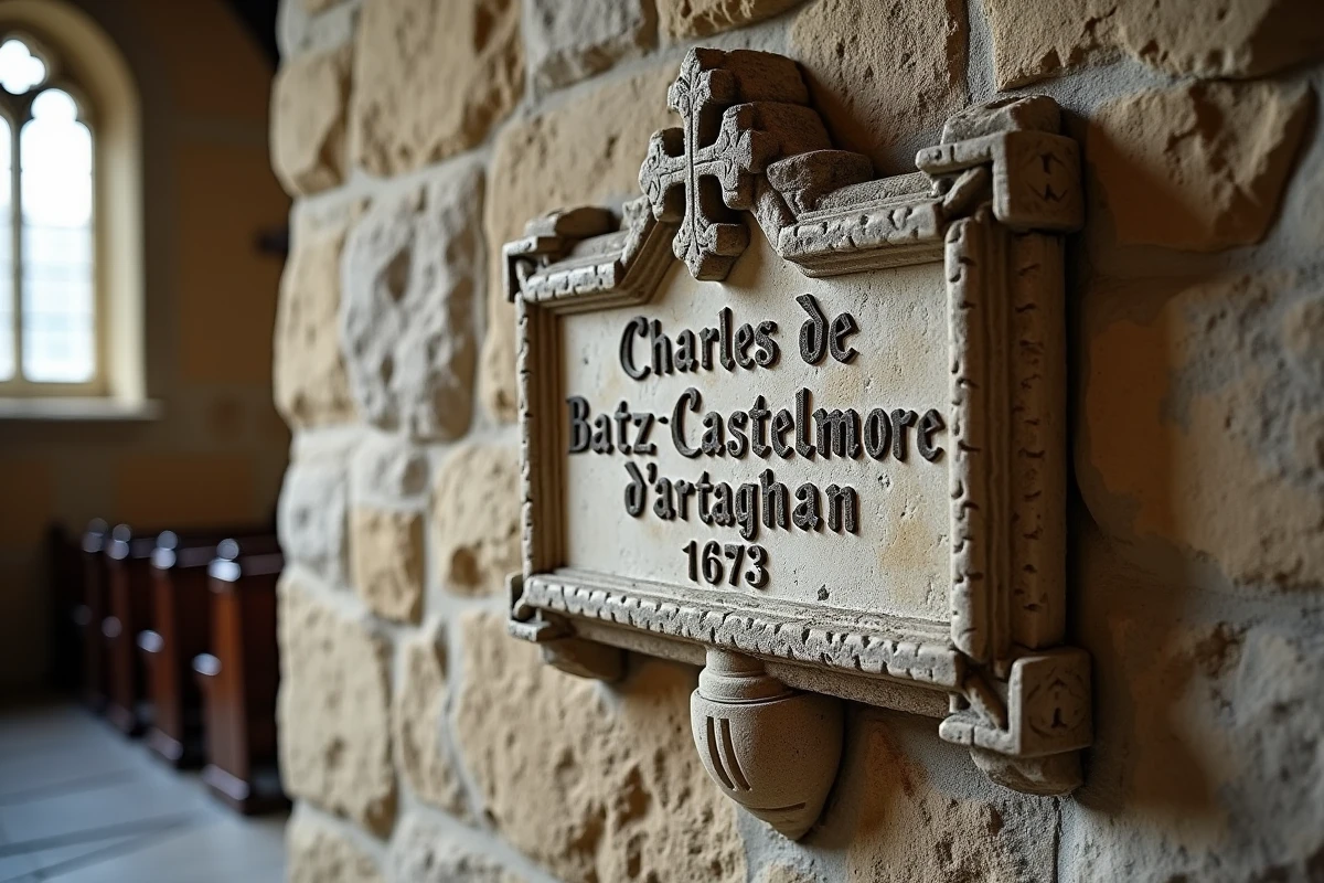 Plaque fun&eacute;raire en pierre dans une &eacute;glise fran&ccedil;aise comm&eacute;morant d'Artagnan, mousquetaire mort au si&egrave;ge de Maastricht en 1673