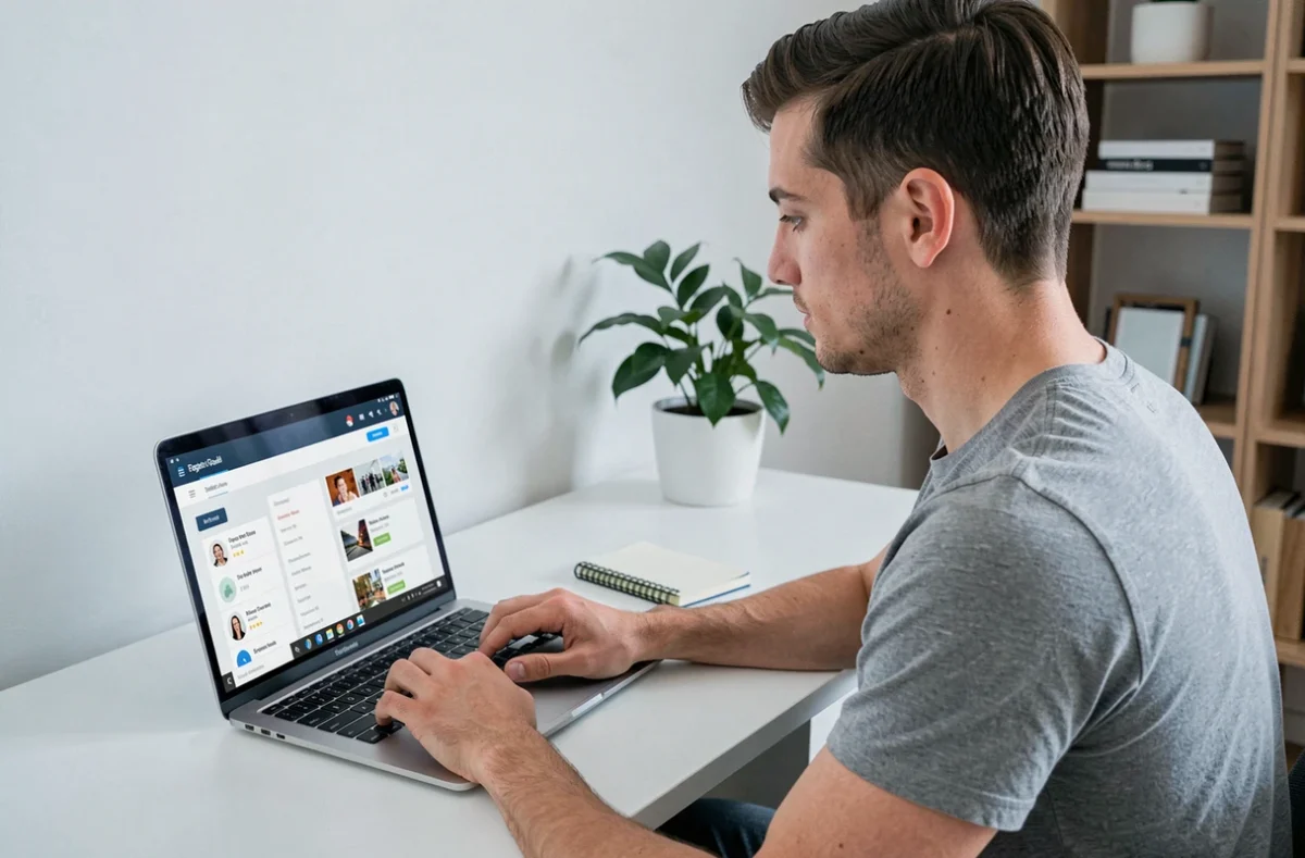 Un jeune homme utilisant une plateforme d'&eacute;change en ligne sur son ordinateur portable depuis son bureau &agrave; domicile, illustrant le troc num&eacute;rique