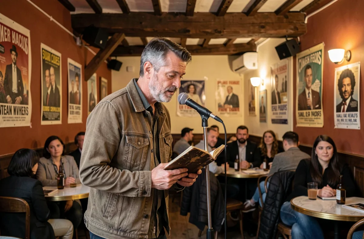 Poète homme récitant des paroles rimées sur scène dans un café parisien intimiste