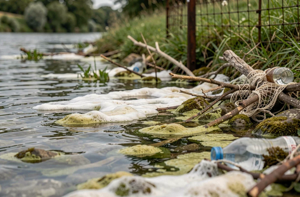 Prolif&eacute;ration d'algues et accumulation de d&eacute;chets plastiques &agrave; la surface du Rh&ocirc;ne symbolisant la pollution des fleuves fran&ccedil;ais