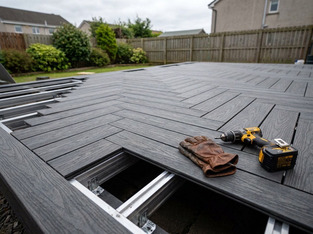 Pose d'une terrasse en lame composite avec outillage de chantier dans un jardin résidentiel