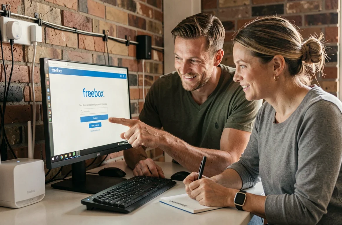 Couple suivant les &eacute;tapes de premi&egrave;re connexion &agrave; Freebox OS sur un ordinateur de bureau &agrave; la maison