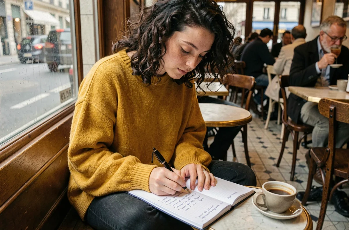 Jeune femme prenant des notes de grammaire et de conjugaison dans un carnet linguistique dans un caf&eacute; parisien