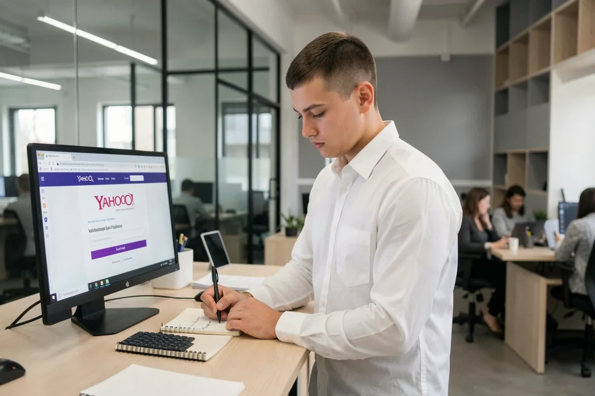 Jeune professionnel notant des idées de pseudo pour créer une adresse Yahoo dans un espace de coworking moderne