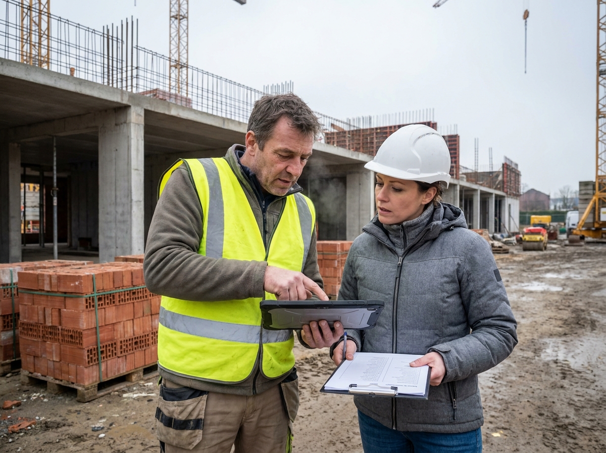 Deux professionnels du b&acirc;timent discutent de devis comparatifs sur un chantier de construction en Belgique