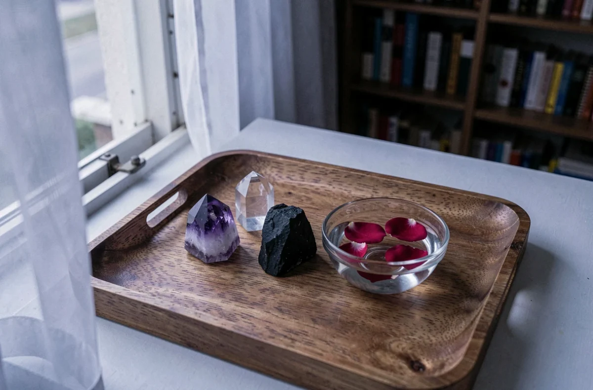 Cristaux d'améthyste, tourmaline noire et quartz blanc posés près d'un bol d'eau et de pétales de rose pour la purification