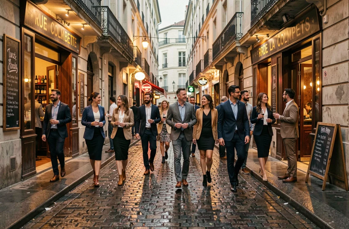 Ambiance nocturne anim&eacute;e dans les rues du quartier des Carmes &agrave; Toulouse lors d'une soir&eacute;e du weekend