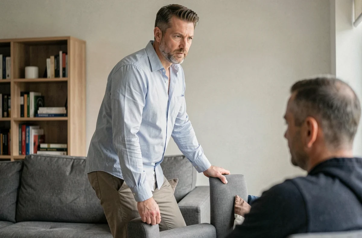 Homme se levant calmement d'une conversation dans un salon moderne, illustrant la capacit&eacute; &agrave; quitter une conversation