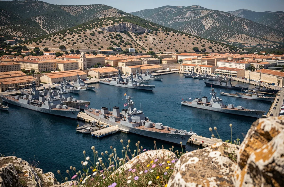 Vue panoramique depuis les hauteurs de Toulon sur la rade militaire et les navires de guerre ancr&eacute;s