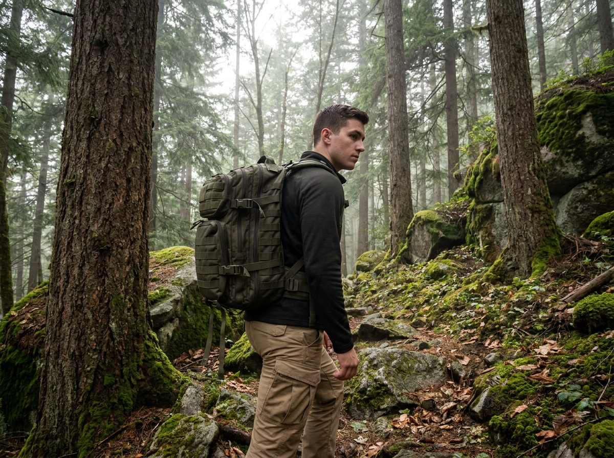 Randonneur avec sac &agrave; dos militaire tactique sur un sentier forestier rocheux en pleine nature