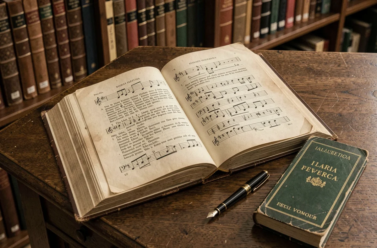 Vieux recueil de chansons italiennes ouvert sur les paroles et partitions de Bella Ciao sur un bureau de biblioth&egrave;que