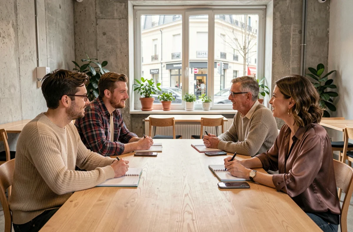 Petit groupe d'adultes r&eacute;unis dans un espace associatif en r&eacute;gion fran&ccedil;aise pour une rencontre communautaire trans, ambiance chaleureuse et inclusive