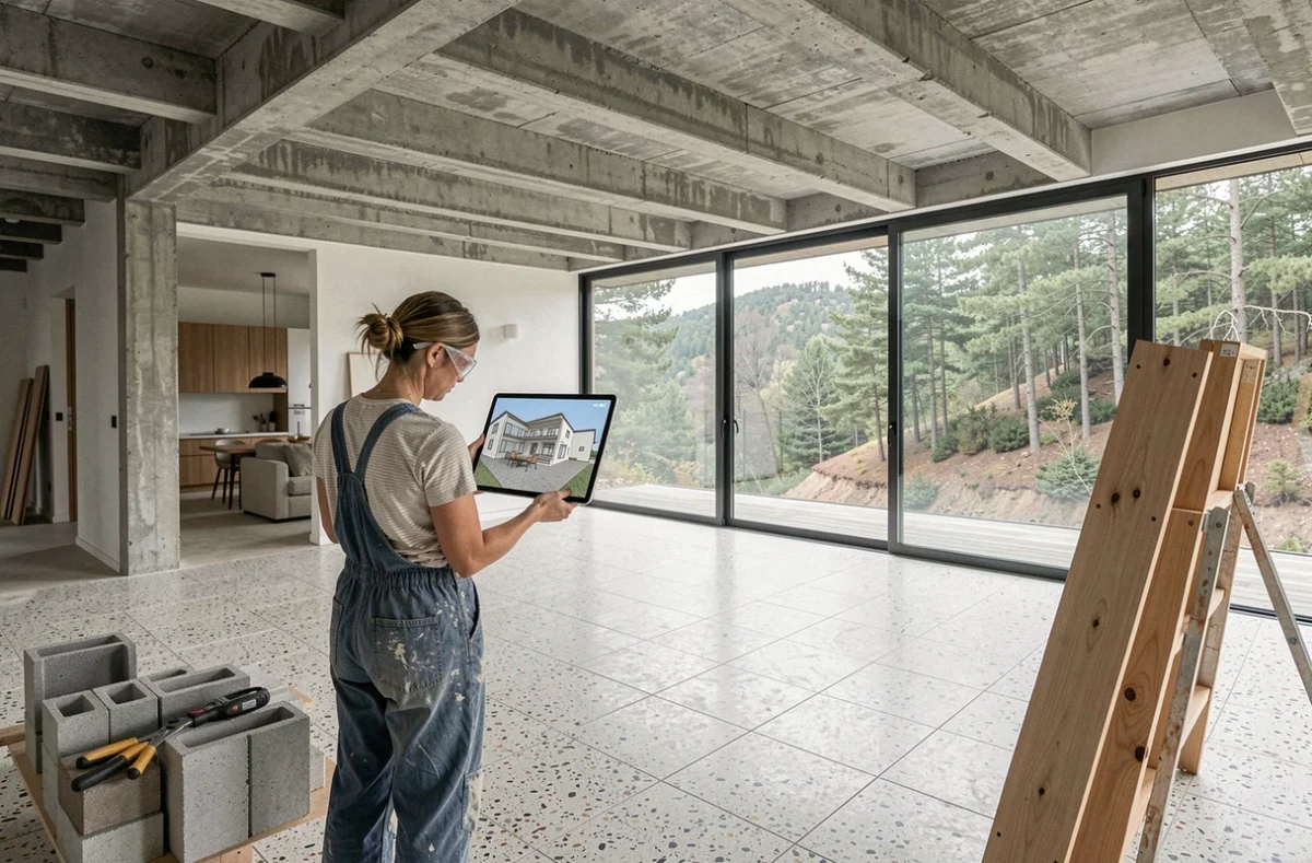 R&eacute;novation d'un espace de vie &agrave; plan ouvert inspir&eacute; de la philosophie architecturale de Marcel Breuer avec b&eacute;ton apparent et baies vitr&eacute;es