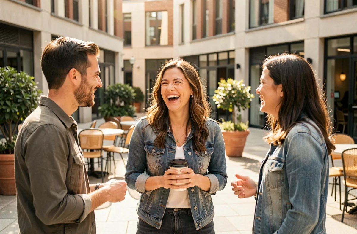 Femme riante entour&eacute;e d'amis dans une plaza urbaine ensoleill&eacute;e, illustrant le r&eacute;seau social maintenu et actif