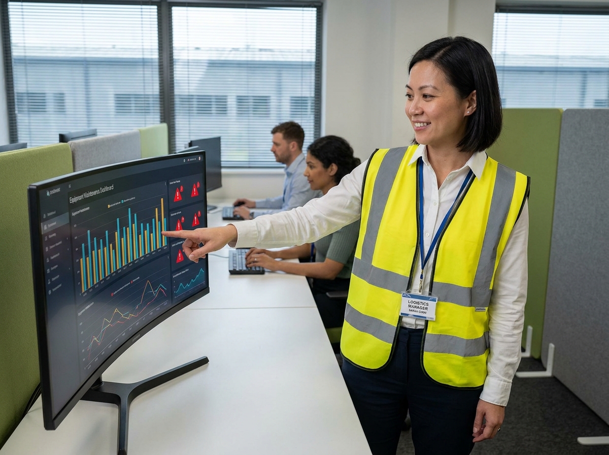 Responsable logistique analysant un tableau de bord de maintenance préventive sur un écran dans une salle de contrôle d'entrepôt moderne
