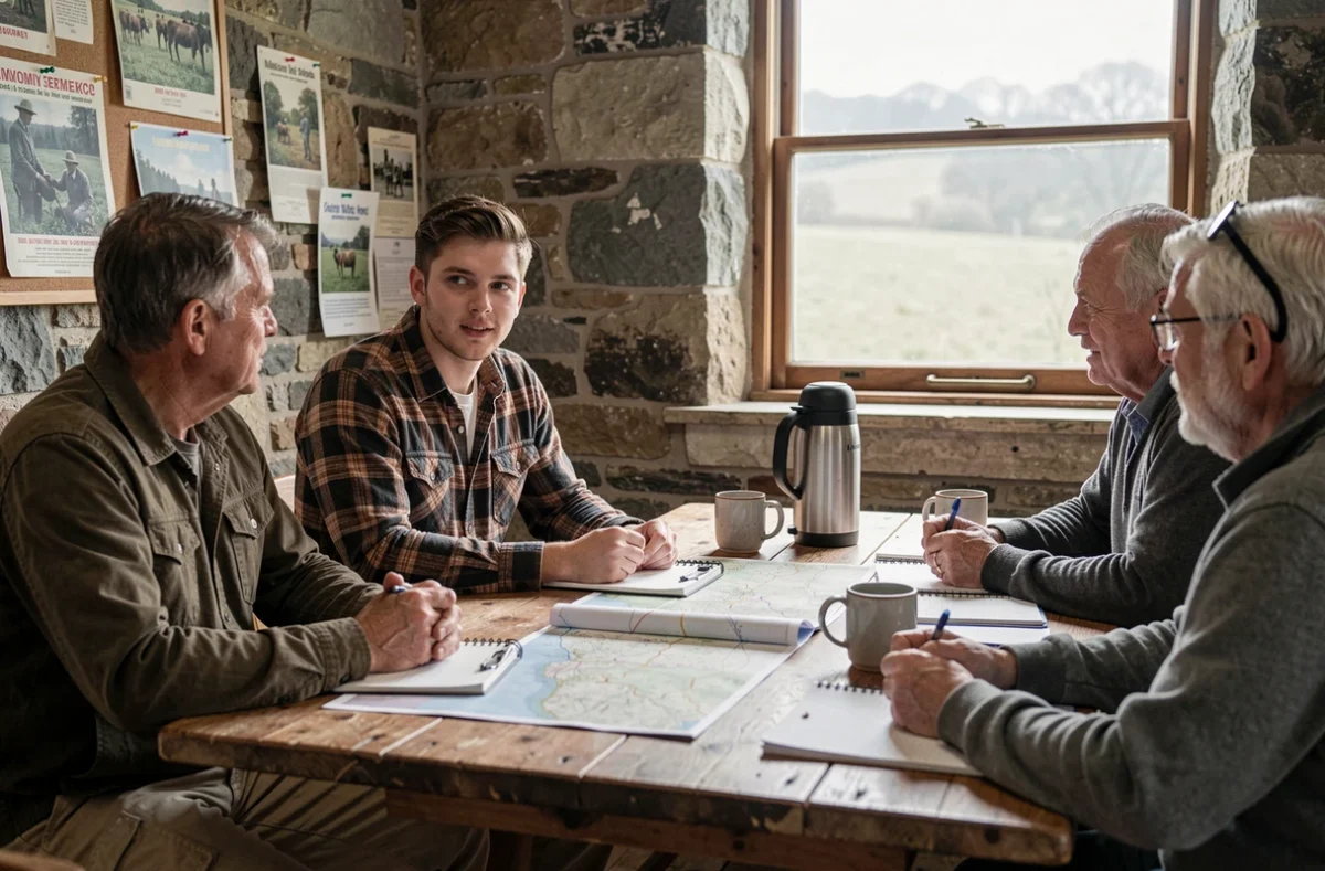 R&eacute;union informelle d'agriculteurs dans une salle communautaire rurale, symbolisant l'entraide et l'agri convivial