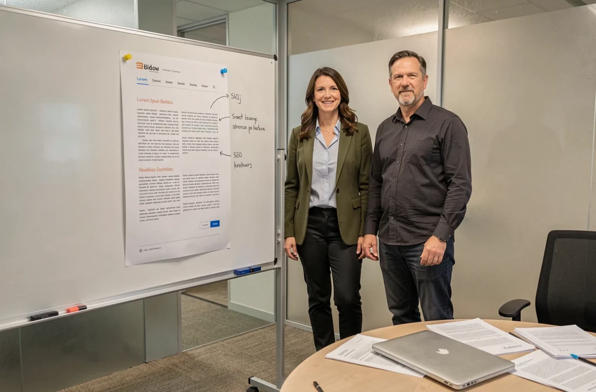 Deux professionnels du web discutant de l'impact du Lorem Ipsum sur le référencement devant une maquette affichée au tableau
