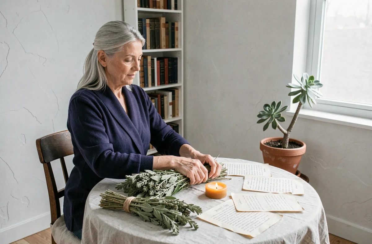 Femme arrangeant des fagots de sauge séchée et des notes de rituels sur une table en bois dans un appartement minimaliste moderne