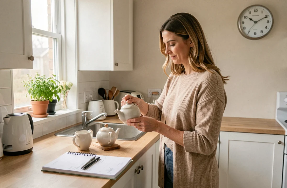 Femme pr&eacute;parant son th&eacute; dans une cuisine ordonn&eacute;e avec un agenda ouvert, illustrant la routine personnelle pr&eacute;serv&eacute;e