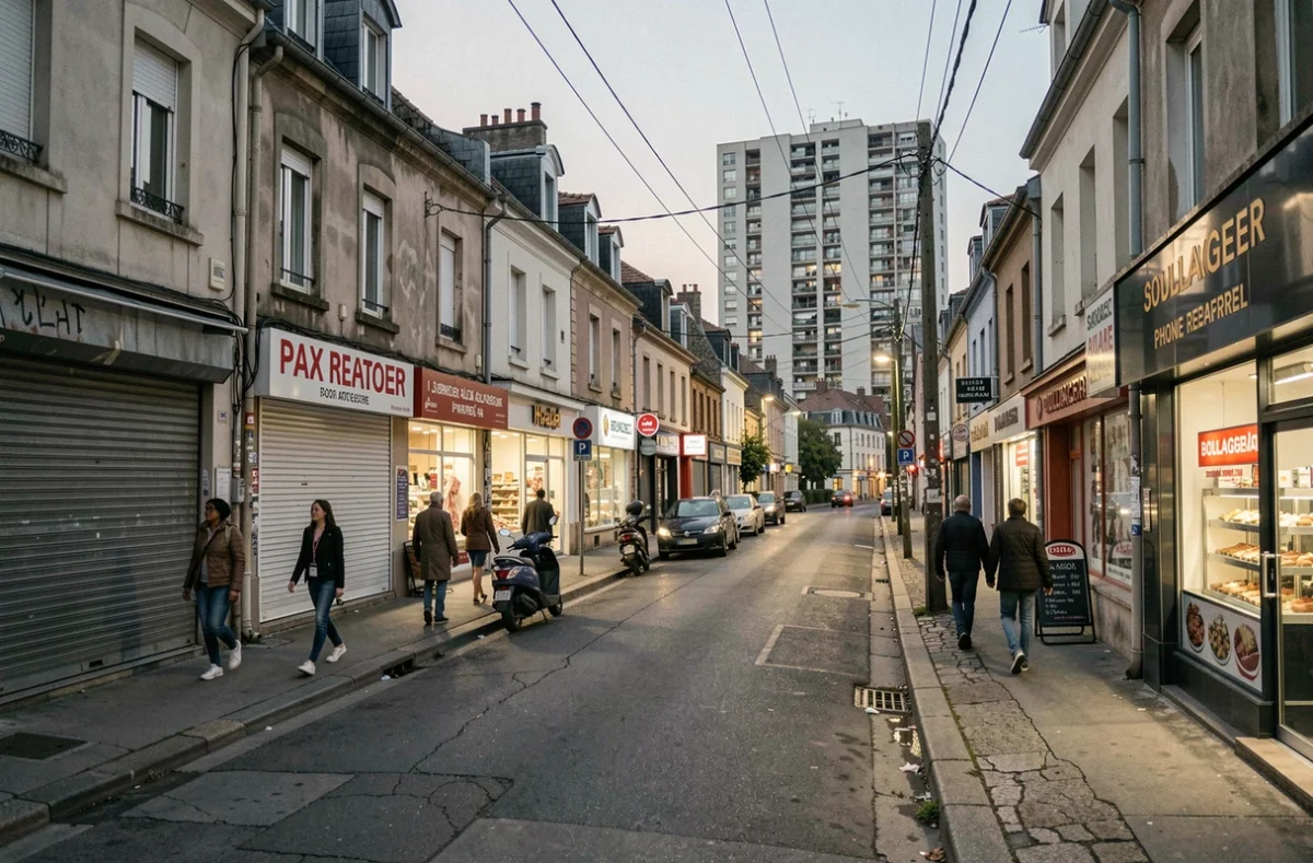 Rue commerçante animée d'un quartier urbain défavorisé en France, illustrant la réalité socio-économique des territoires sensibles