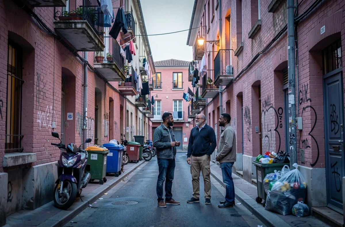 Groupe d'habitants discutant dans une ruelle typique de Toulouse au cr&eacute;puscule, ambiance de quartier authentique