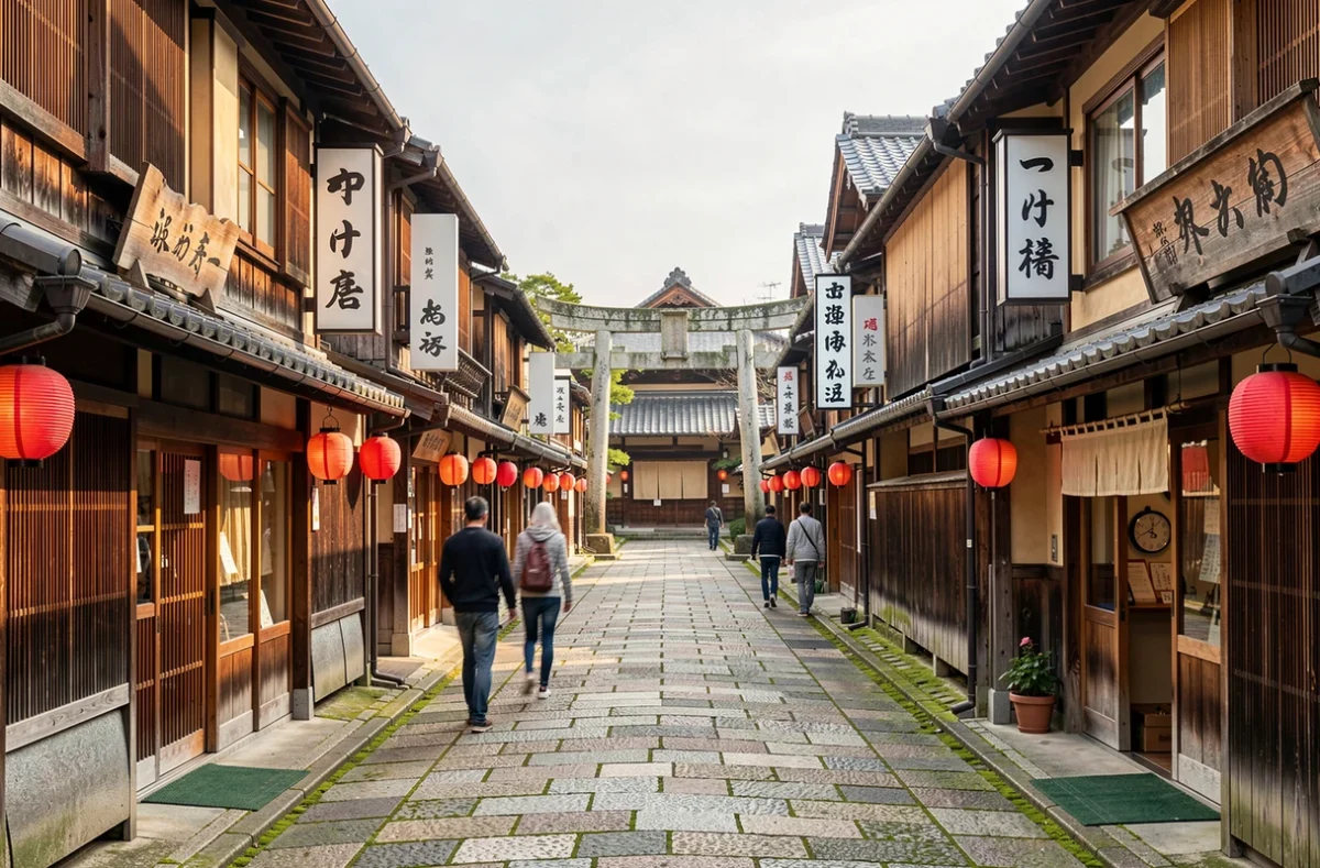 Ruelle traditionnelle japonaise avec torii, lanternes rouges et devantures en bois dans un quartier historique