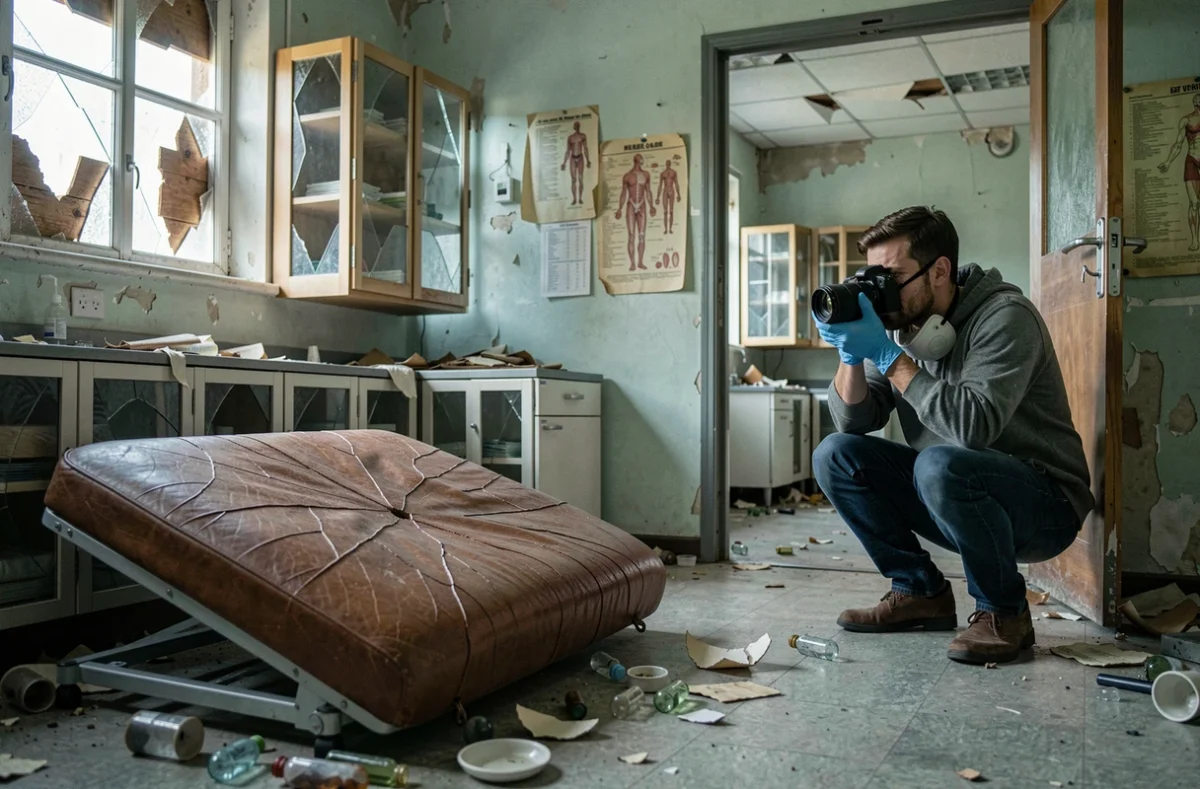Salle de soins abandonn&eacute;e dans un h&ocirc;pital psychiatrique avec mobilier m&eacute;dical d&eacute;grad&eacute; et objets &eacute;pars
