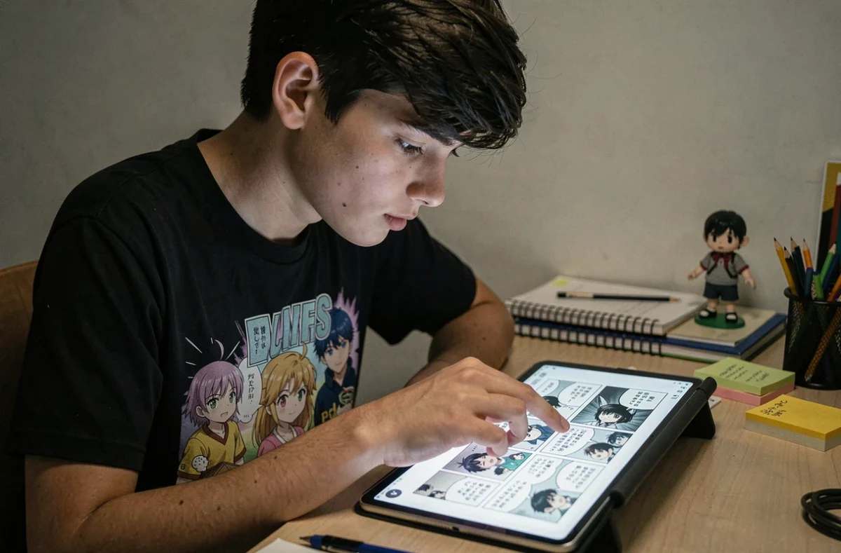Adolescent fan de One Piece lisant le dernier scan sur une tablette à son bureau