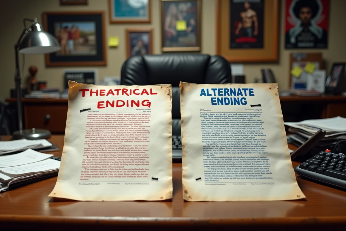 Deux versions de sc&eacute;nario c&ocirc;te &agrave; c&ocirc;te montrant la fin cin&eacute;ma et la fin alternative du film Jur&eacute; n&deg;2, annot&eacute;es de notes de production