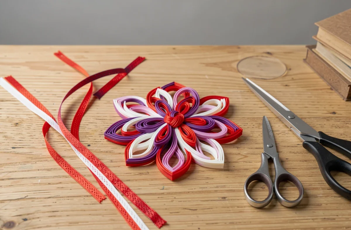 Scoubidou fleur terminé en lacets rouges et violets posé à plat sur une table en bois clair