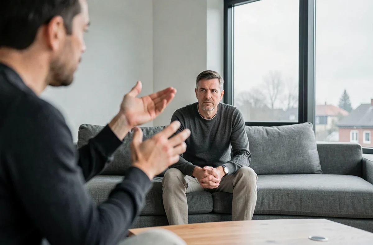 Homme assis gardant un silence compos&eacute; face &agrave; une personne agit&eacute;e floue au premier plan, illustrant le silence face &agrave; la provocation
