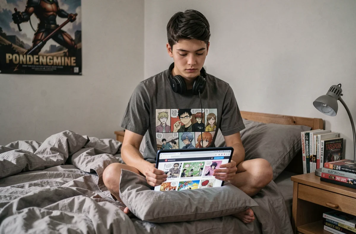 Jeune adulte consultant un site de lecture de scans manga gratuits sur une tablette dans sa chambre
