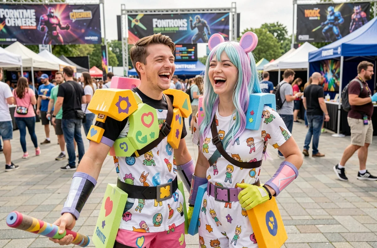 Deux cosplayeurs en skins fun et color&eacute;s Fortnite riant ensemble lors d'une convention gaming