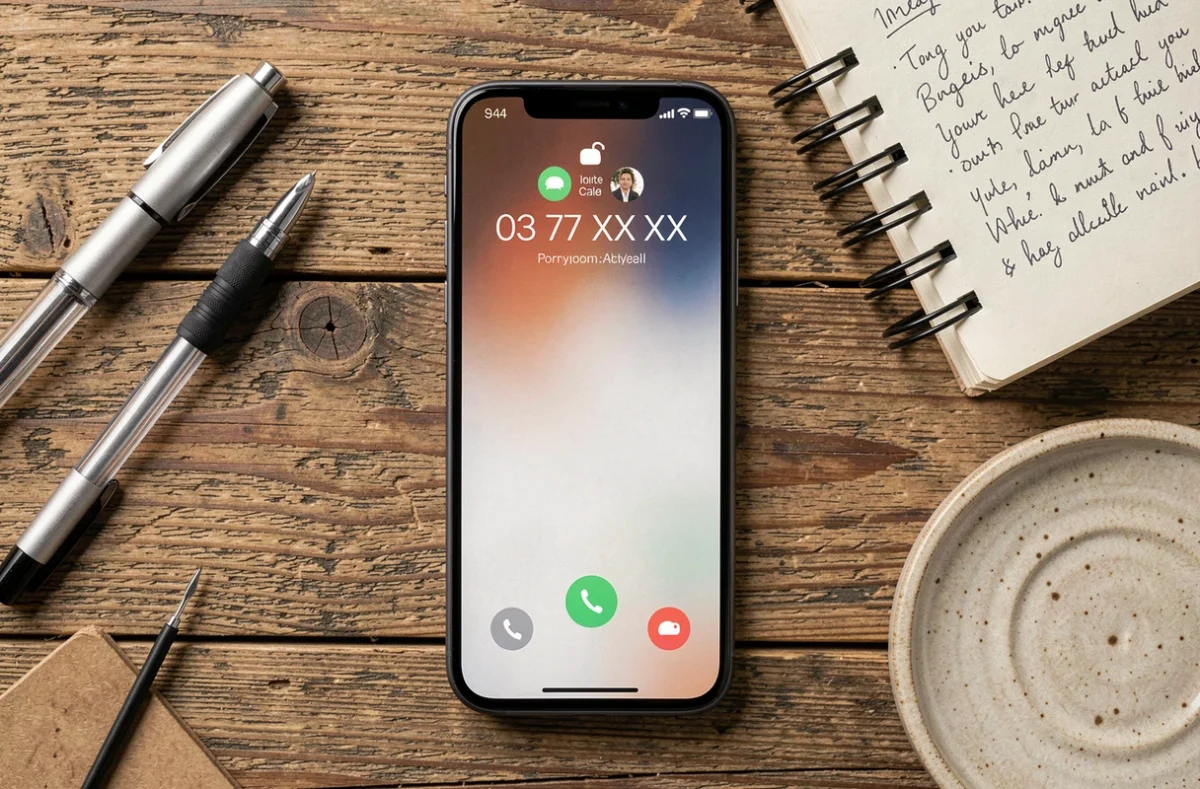 Smartphone pos&eacute; sur un bureau avec un appel entrant d'un num&eacute;ro inconnu commen&ccedil;ant par 03 77 affich&eacute; &agrave; l'&eacute;cran