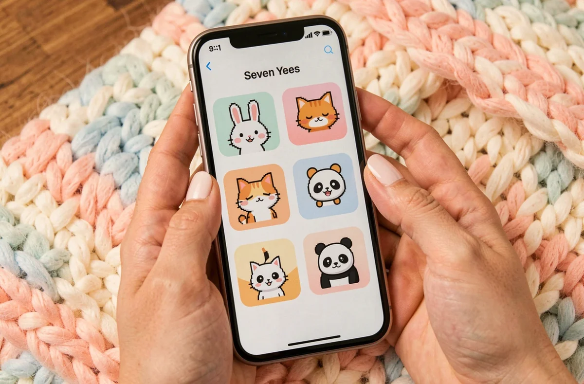 Mains tenant un smartphone affichant une application de pixel art kawaii avec des animaux mignons comme lapin, chat et panda