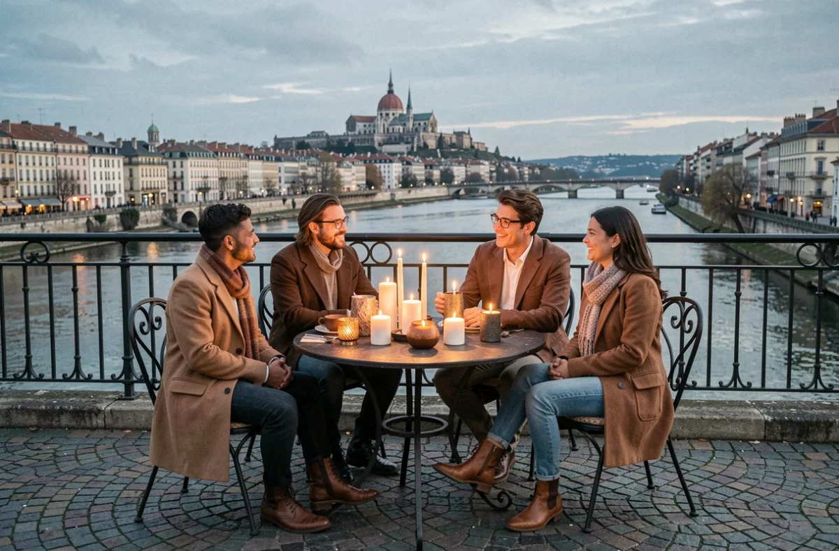 Groupe d'amis réunis autour d'une table aux chandelles sur une terrasse lyonnaise avec vue sur la Saône