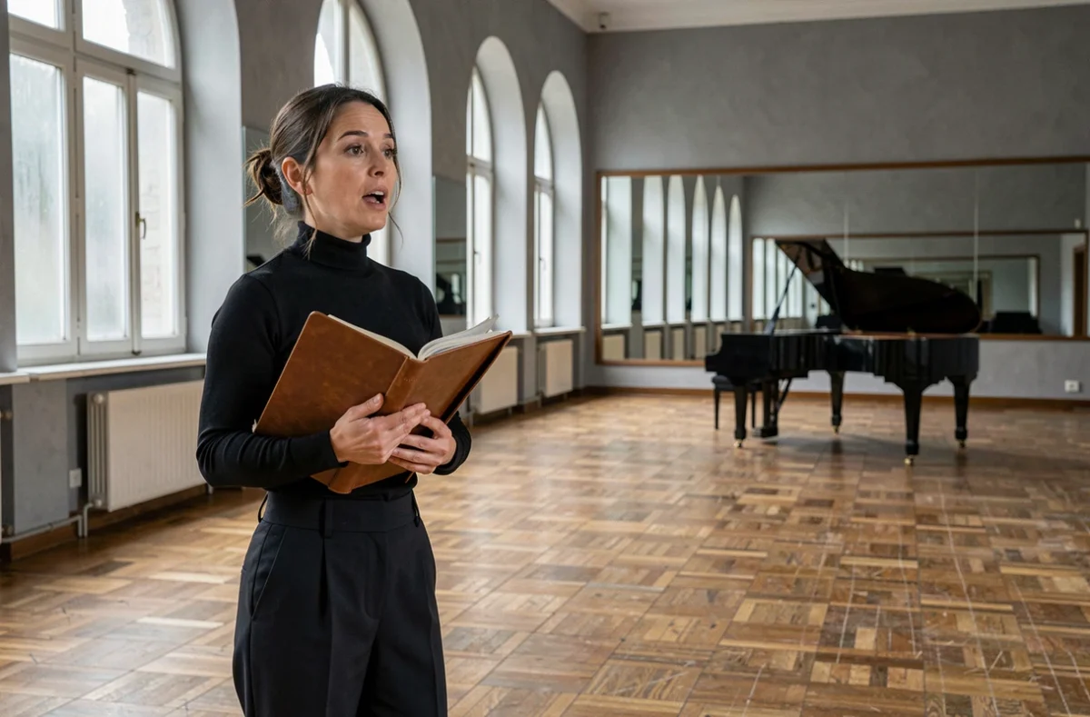 Soprano d'op&eacute;ra en r&eacute;p&eacute;tition dans une grande salle de conservatoire historique tenant une partition