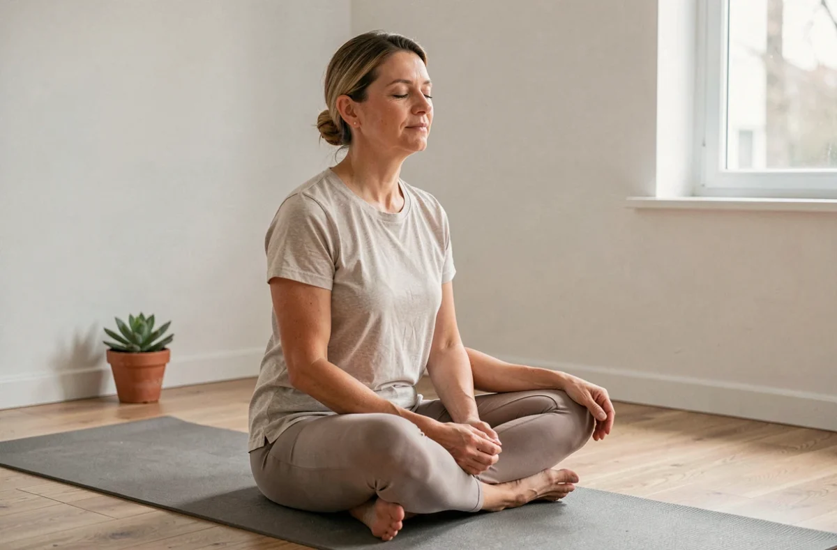 Femme en position de m&eacute;ditation sereine sur un tapis de yoga dans un espace minimaliste, illustrant la stabilit&eacute; &eacute;motionnelle constante
