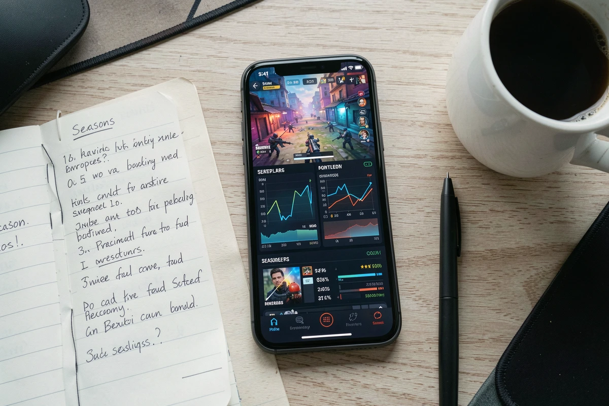 Vue a&eacute;rienne d'un bureau avec smartphone affichant des statistiques de joueurs Fortnite et des graphiques de saisons pass&eacute;es