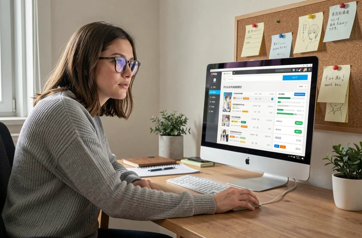 Femme avec des lunettes suivant ses chapitres de scans manga sur un site de tracking depuis un bureau à domicile